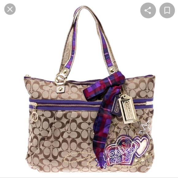 Coach Beige/Plum Canvas Poppy Tartan Glam Tote - Picture 1 of 11